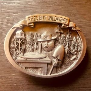 Smokey Bear limited release belt buckle with Osborne Fire Finder & lookout tower